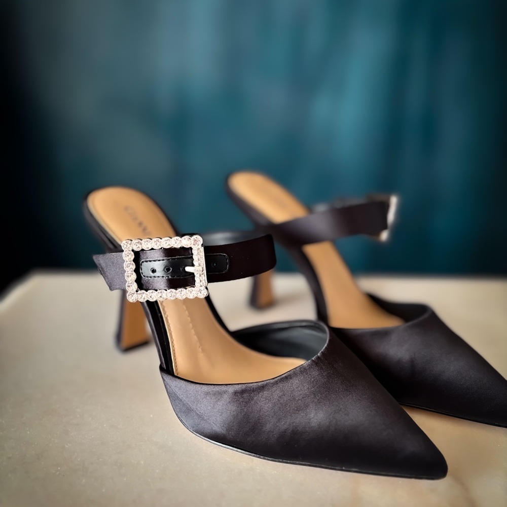 Satin Pointed-Toe Black Mule Heels with Rhinestone Buckle